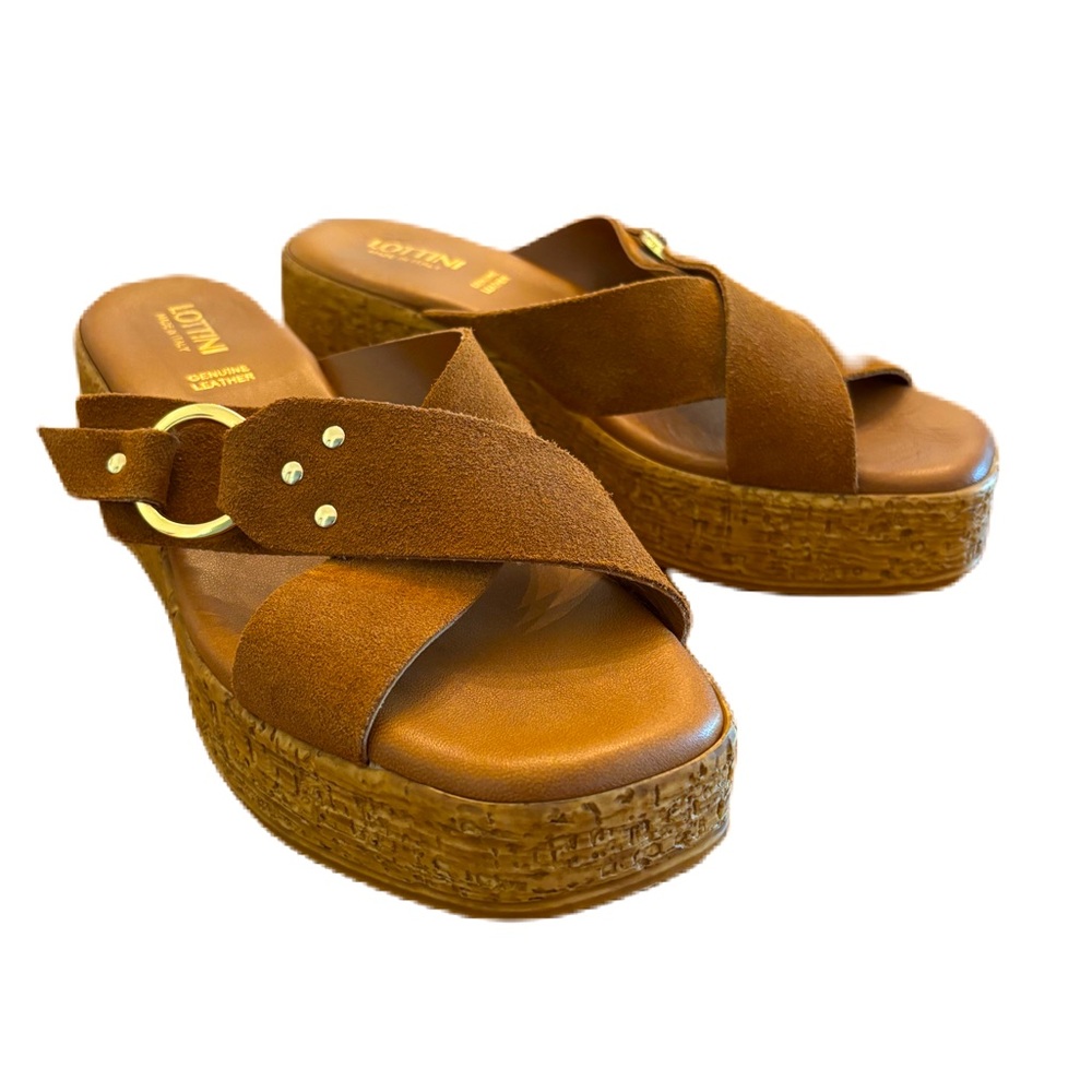 Lottini Brown Suede Cross  Band Wedge Sandal Women’s Size 39. (US 8-8.5)